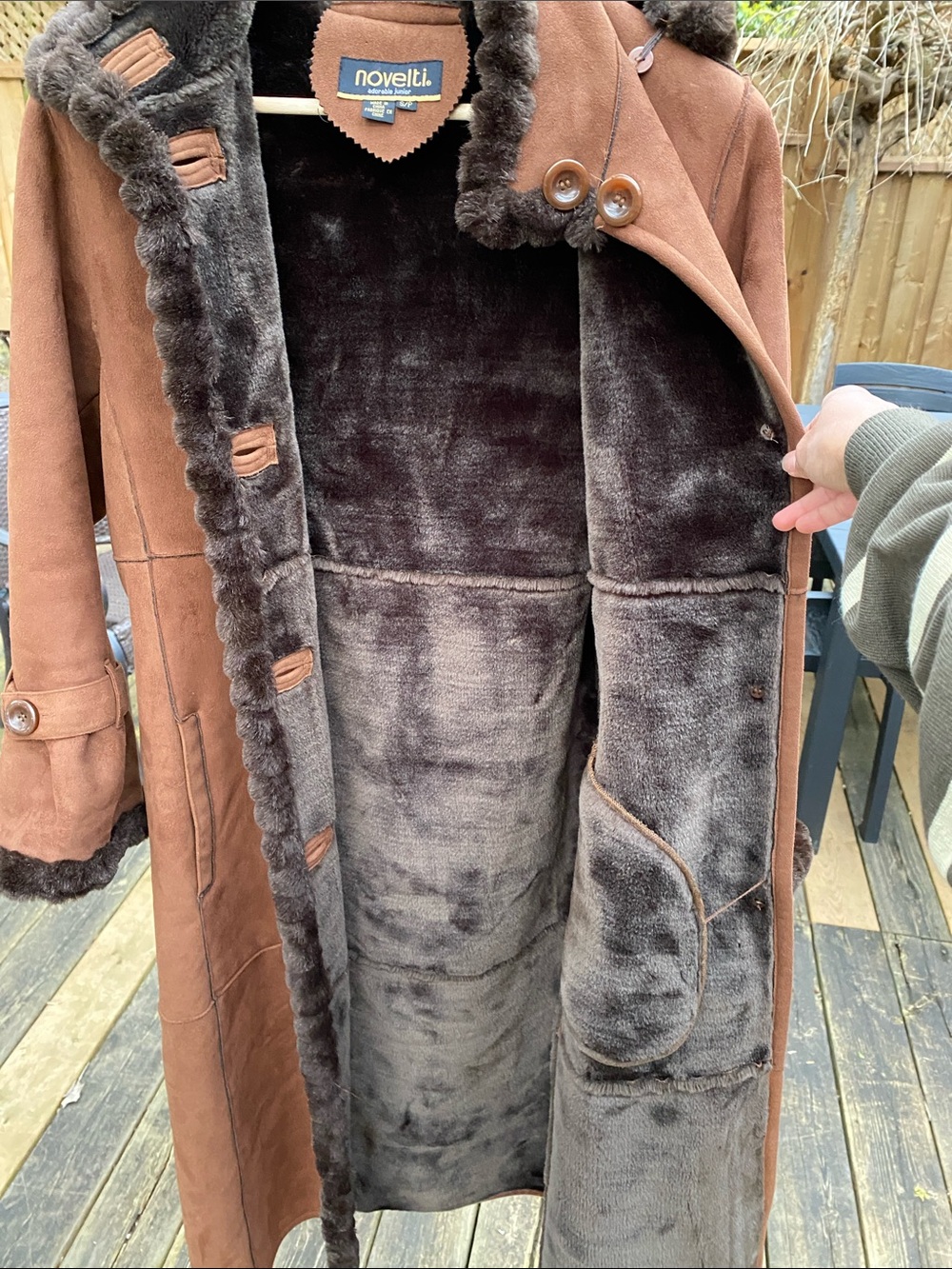 Brown Faux-Suede Long Coat with Faux-Fur Trim, Faux Fur Lining, Removable Hood. - Picture 9 of 9